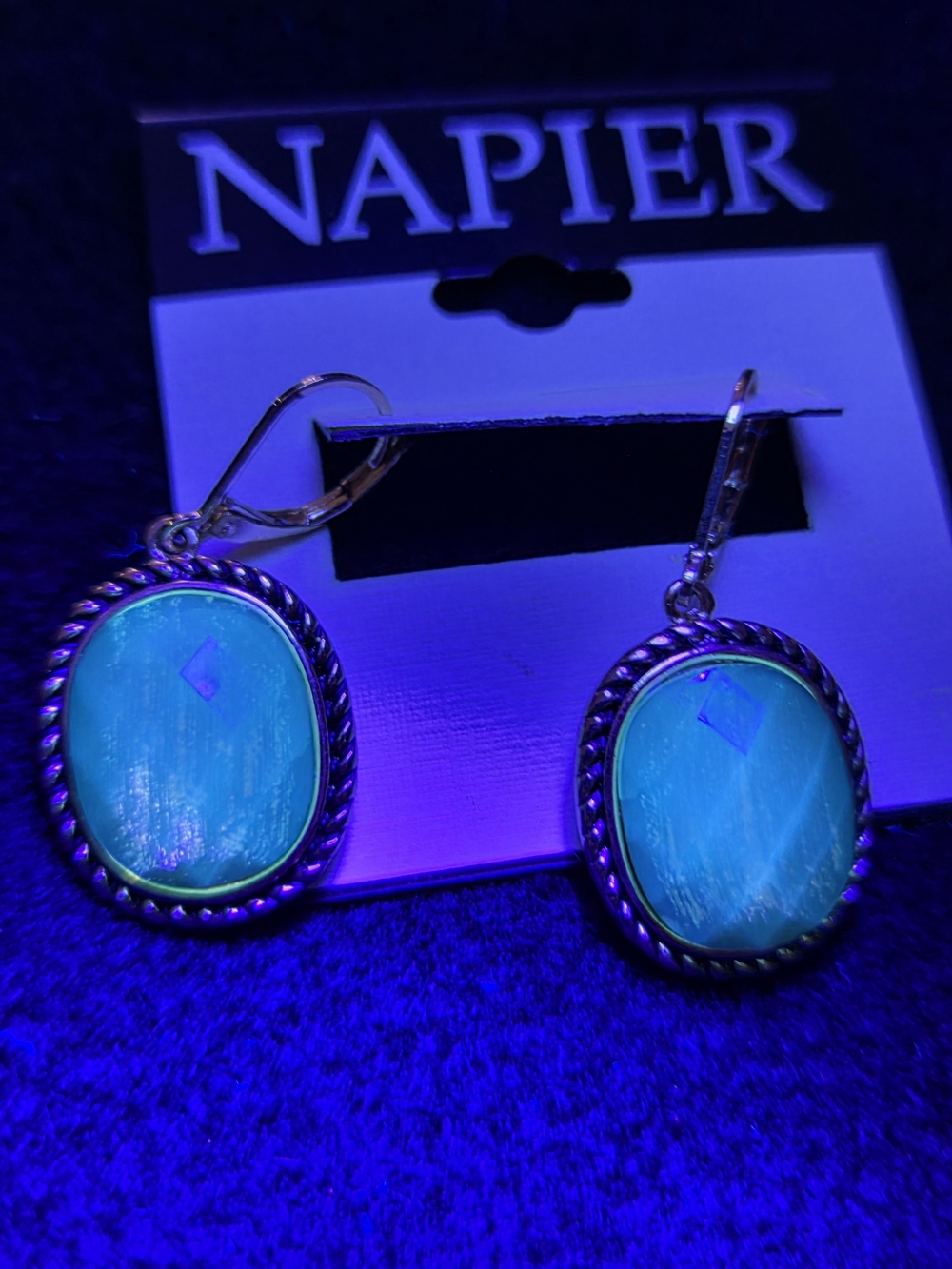 NAPIER CABOSHON DROP EARRINGS- UV GLOW. GREEN AND GOLD TONE